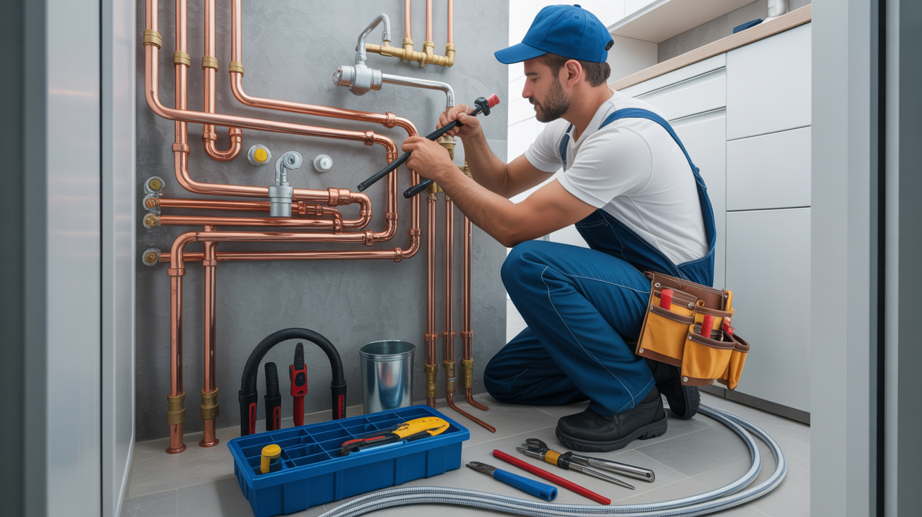 Encanador profissional trabalhando em instalação hidráulica em São Paulo